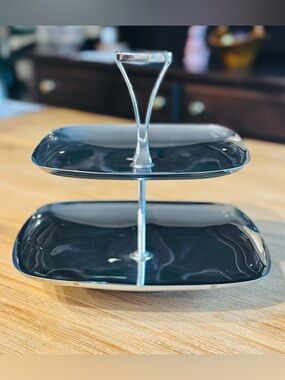 Two-Tier Chrome Vintage Metal MCM Serving Stand with Chrome Accents